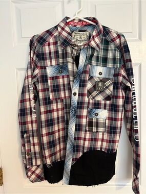 Men's Red and Navy Plaid Button-Down Shirt